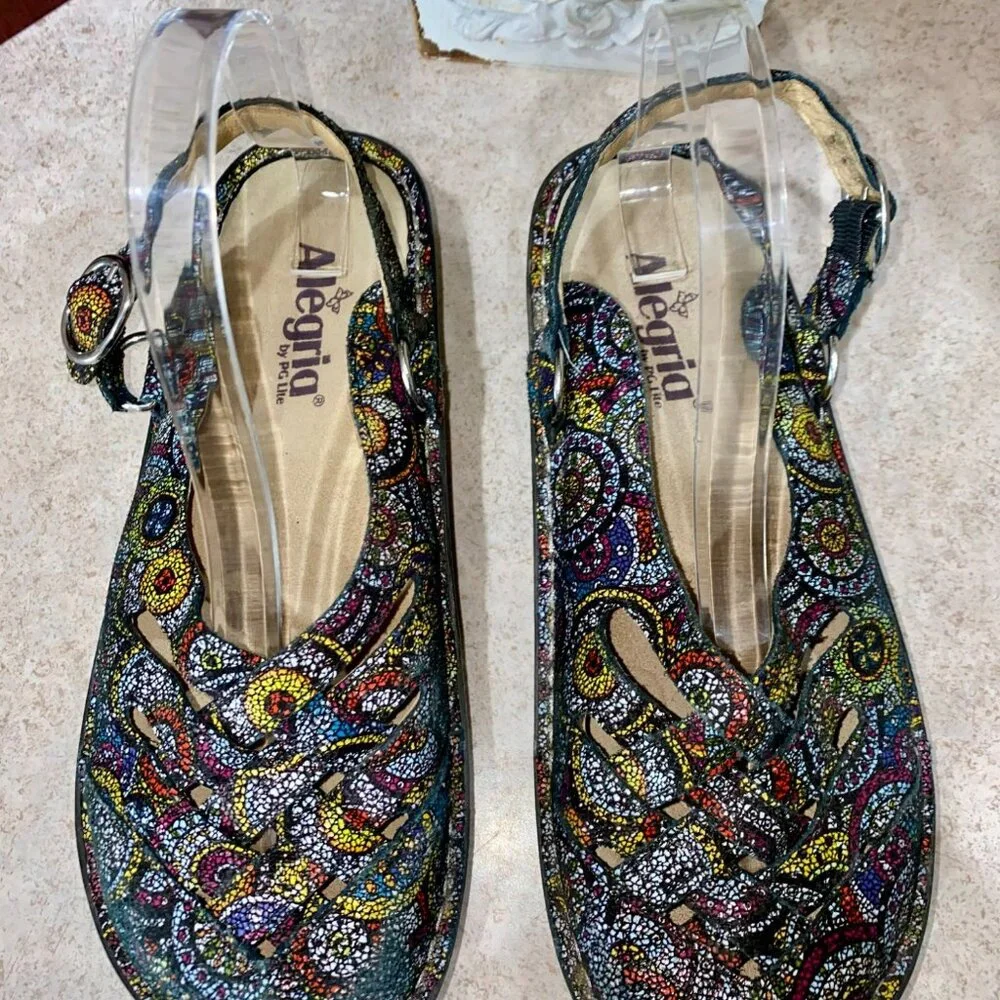 Alegria Freesia Rainbow Mosaic Mules Size 9 Slip On Multi Color Comfort Shoe